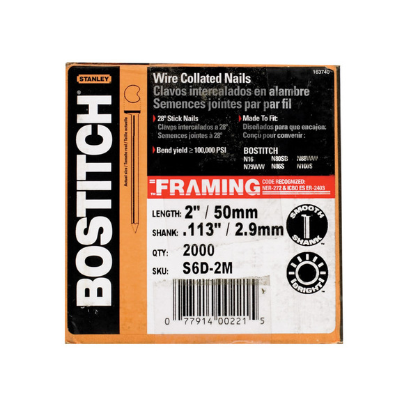 Bostitch Collated Framing Nail, 2 in L, Coated, Full Round Head, 28 Degrees S6D-FH